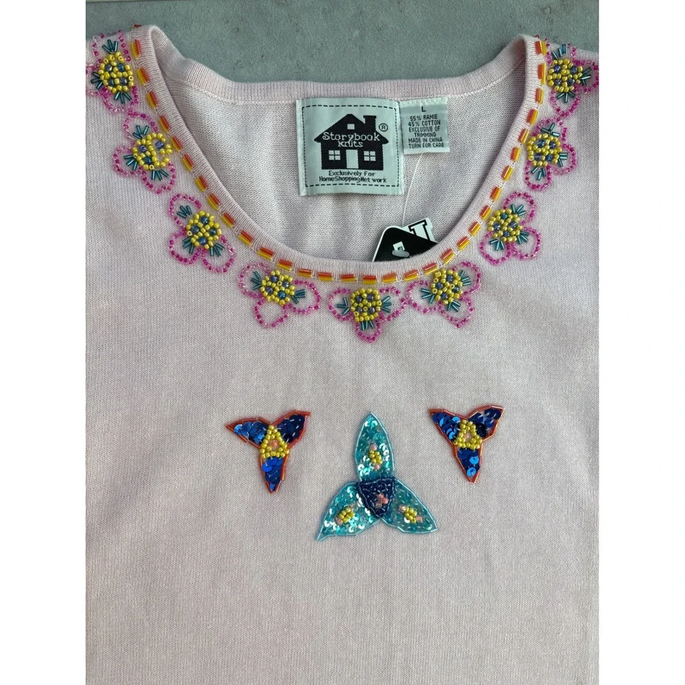 Storybook Knits Pink Beaded Sequins Floral Sleeveless Cottagecore Top NWT Size L - Picture 5 of 9